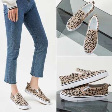 Women's Canvas Slip On Sneakers Fashion Flats Shoes White Canvas Shoes (Leopard, US9)