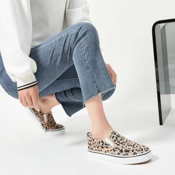 Women's Canvas Slip On Sneakers Fashion Flats Shoes White Canvas Shoes (Leopard, US9)