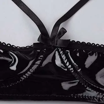 YONGHS Women's Spaghetti Straps Faux Leather Wire-Free Unlined Bra Top Quarter Cup Bralette