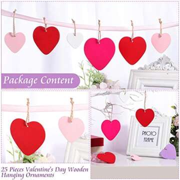25 Pieces Valentine's Day Wooden Heart Ornaments Wood Heart Embellishments Heart-Shaped Wooden Hanging Decorations with Ropes for Valentine's Day Wedding Party, 5 Colors, 5 Sizes