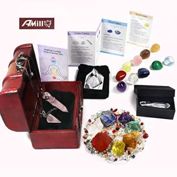 AMill 23PCS Natural Crystals and Healing Stones Set, 7 Raw Chakra Stones,10pcs Tumbled Stones, Pink Pillar Crystal Necklaces & Pendulum, White Pyramid & Pillar, 50g Stones Assorted, Wooden Box