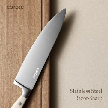 CAROTE 14 Pieces Knife Set with Block, Forged, High Carbon Stainless Steel Sharp Blade Block Knife Set, Dishwasher Safe Cutlery, Cream