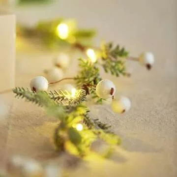 MIYA LIFE Norfolk Pine Garland with White Berry Christmas Garland with Lights Battery Operated Lighted Christmas Garland for Mantle Christmas Tree Decorations