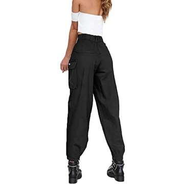 guyueqiqin Women's Cargo Pants, Casual Outdoor Solid Color Elastic High Waisted Baggy Jogger Workout Pants with Pockets(S,Black)