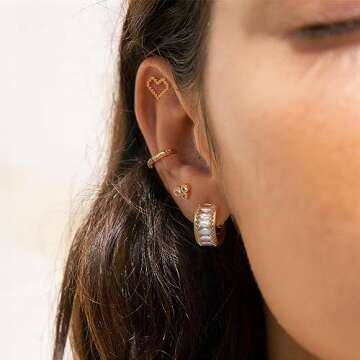 MEVECCO Gold Dainty Huggie Hoop Earring for Women 18K Gold Plated Cute Cubic Zircon Wide Hoop Earrin...