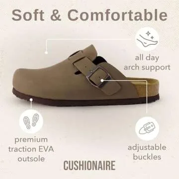 CUSHIONAIRE Hana Womens Clogs | Comfortable Vegan Suede Clogs for Women | Slip On Potato Shoes with Cork Footbed & Arch Support| Brown 6