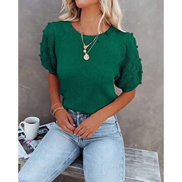 BTFBM Women's Crew Neck Pullover Sweaters Cute Dot Puff Short Sleeve Soft Casual Spring Summer Loose Knit Sweater Blouse(Solid Dark Green, X-Large)