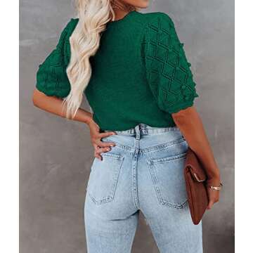 BTFBM Women's Crew Neck Pullover Sweaters Cute Dot Puff Short Sleeve Soft Casual Spring Summer Loose Knit Sweater Blouse(Solid Dark Green, X-Large)