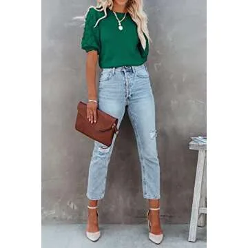 BTFBM Women's Crew Neck Pullover Sweaters Cute Dot Puff Short Sleeve Soft Casual Spring Summer Loose Knit Sweater Blouse(Solid Dark Green, X-Large)