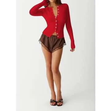 KIGRAD Womens Open Front Button Up Cropped Cardigan Ribbed Knit Long Sleeve Shirt Casual Solid Crop Top Cardigan Sweater Red