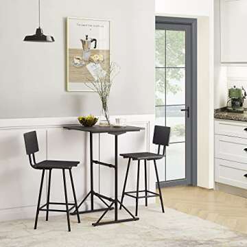 VECELO 3-Piece Bar Table Chairs, Square Counter Height Bistro Dinette Sets with 2 Barstools for Kitchen, Breakfast Nook, Small Spaces, Matte Black