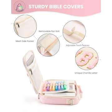 PLOZANO Bible Cover Case for Women, Large Chenille Letter Bible Bag with Shoulder Strap,Pink Bible C...