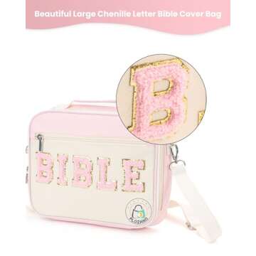 PLOZANO Bible Cover Case for Women, Large Chenille Letter Bible Bag with Shoulder Strap,Pink Bible Carrying Tote Bags for Bible Study Accessories, for Women Lady Teen Grils