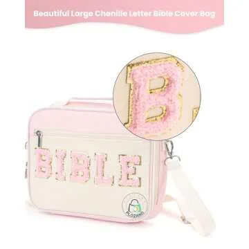 PLOZANO Bible Cover Case for Women, Large Chenille Letter Bible Bag with Shoulder Strap,Pink Bible Carrying Tote Bags for Bible Study Accessories, for Women Lady Teen Grils
