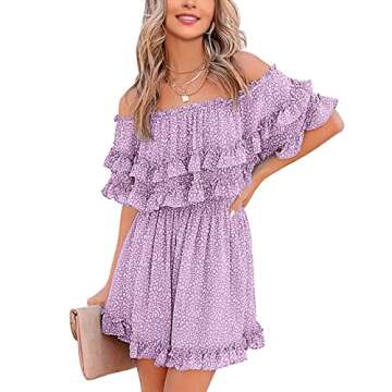 Fazortev Womens Flowy Off Shoulder Dress Summer Ruffle Smocked Casual Square Neck Elastic Waist Mini...