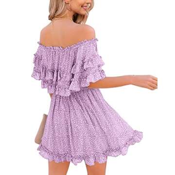 Fazortev Womens Flowy Off Shoulder Dress Summer Ruffle Smocked Casual Square Neck Elastic Waist Mini Dress Purple