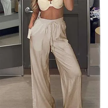 Duyang Womens Cotton Linen Palazzo Pants Drawstring Elastic Waist Casual Wide Leg Trousers with Pockets(Khaki,S)