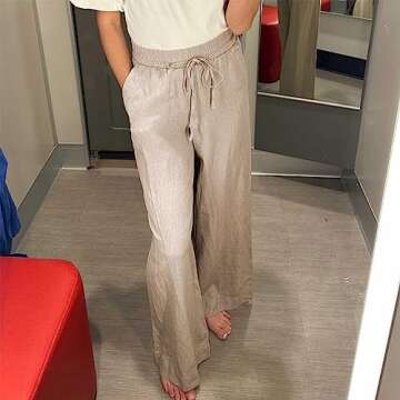 Duyang Womens Cotton Linen Palazzo Pants Drawstring Elastic Waist Casual Wide Leg Trousers with Pockets(Khaki,S)