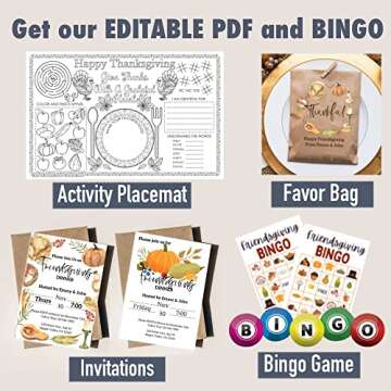 Emuya Friendsgiving Party Decorations - Happy Friendsgiving Decor Banner Set, & PDF Download Foil Balloons Garland, Fairy light, Gold Balloon Letters & 13' Paper Fall Leaf - Table & Backdrop Ideas