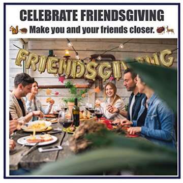 Emuya Friendsgiving Party Decorations - Happy Friendsgiving Decor Banner Set, & PDF Download Foil Balloons Garland, Fairy light, Gold Balloon Letters & 13' Paper Fall Leaf - Table & Backdrop Ideas