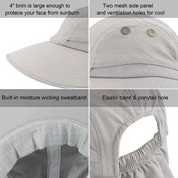 Womens Outdoor Sun Hat UV Protection Wide Brim Mesh Foldable Ponytail Summer Beach Fishing Hats Safari Cap with Neck Flap Light Gray