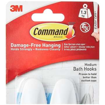Command Designer Bath Hooks, Medium, White, 2-Hooks with Water-Resistant Strips (17081B-ES), Organize your dorm