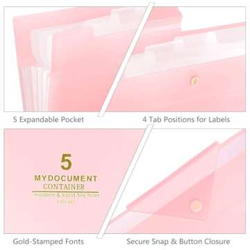 SKYDUE Accordion File Organizer, File Folders with 5 Pockets, Portable Document Organizer, Pink Scho...
