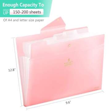 SKYDUE Accordion File Organizer, File Folders with 5 Pockets, Portable Document Organizer, Pink School Office Supplies