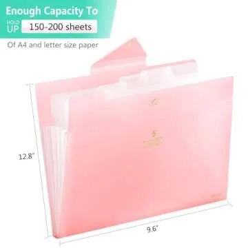 SKYDUE Accordion File Organizer, File Folders with 5 Pockets, Portable Document Organizer, Pink School Office Supplies