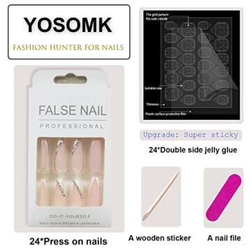 YOSOMK French Tip Press on Nails Long with Designs Pink and White Rhinestones False Fake Nails Press On Coffin Artificial Nails for Women Stick on Nails With Glue on Static nails