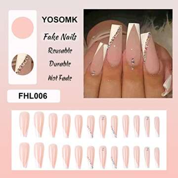 YOSOMK French Tip Press on Nails Long with Designs Pink and White Rhinestones False Fake Nails Press On Coffin Artificial Nails for Women Stick on Nails With Glue on Static nails