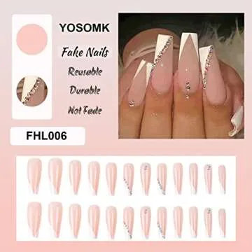 YOSOMK French Tip Press on Nails Long with Designs Pink and White Rhinestones False Fake Nails Press On Coffin Artificial Nails for Women Stick on Nails With Glue on Static nails