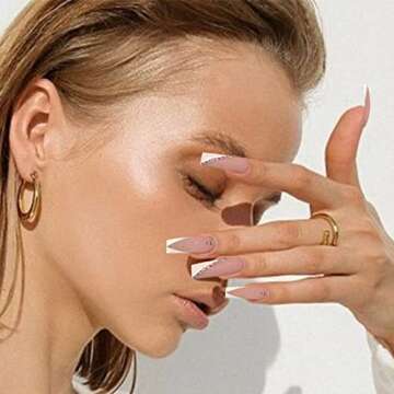 YOSOMK French Tip Press on Nails Long with Designs Pink and White Rhinestones False Fake Nails Press On Coffin Artificial Nails for Women Stick on Nails With Glue on Static nails