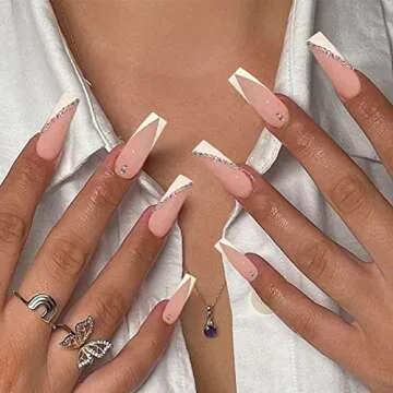 YOSOMK French Tip Press on Nails Long with Designs Pink and White Rhinestones False Fake Nails Press On Coffin Artificial Nails for Women Stick on Nails With Glue on Static nails