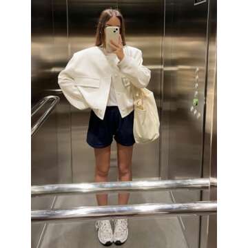 SCUSTY Women's Button Down Bomber Jacket Drop Shoulder Short Cropped Coat Outwear(Beige-S)