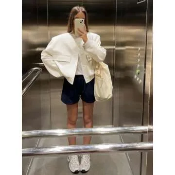 SCUSTY Women's Button Down Bomber Jacket Drop Shoulder Short Cropped Coat Outwear(Beige-S)