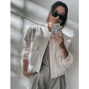 SCUSTY Women's Button Down Bomber Jacket Drop Shoulder Short Cropped Coat Outwear(Beige-S)