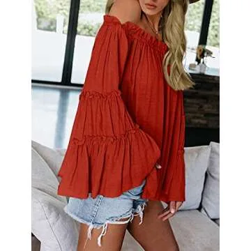 Womens Off The Shoulder Long Bell Sleeve Tops Flared Casual Loose Blouse in Orange Red