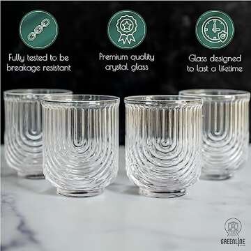 Greenline Goods Art Deco Cocktail Glasses (Set Of 4) Lowball Ribbed Wave Glasses - 12oz Vintage Crystal Glasses Drinking Set - Ripple Aesthetic Tumblers For Drinking - Heavy Base Retro Origami Design