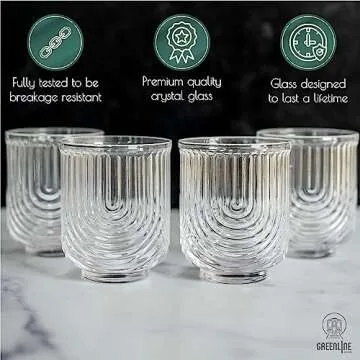 Greenline Goods Art Deco Cocktail Glasses (Set Of 4) Lowball Ribbed Wave Glasses - 12oz Vintage Crystal Glasses Drinking Set - Ripple Aesthetic Tumblers For Drinking - Heavy Base Retro Origami Design