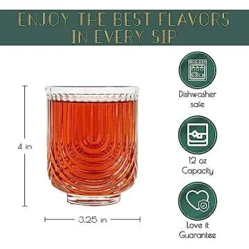 Greenline Goods Art Deco Cocktail Glasses (Set Of 4) Lowball Ribbed Wave Glasses - 12oz Vintage Crystal Glasses Drinking Set - Ripple Aesthetic Tumblers For Drinking - Heavy Base Retro Origami Design