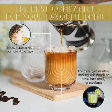 Greenline Goods Art Deco Cocktail Glasses (Set Of 4) Lowball Ribbed Wave Glasses - 12oz Vintage Crystal Glasses Drinking Set - Ripple Aesthetic Tumblers For Drinking - Heavy Base Retro Origami Design