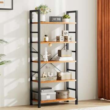 Sweetcrispy Book Shelf, 5 Tier Bookcase, Modern Tall Bookshelf for Garage Kit, CDs, Movies, Industri...