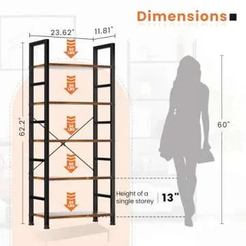 Sweetcrispy Book Shelf, 5 Tier Bookcase, Modern Tall Bookshelf for Garage Kit, CDs, Movies, Industrial Corner Storage Organizer for Bedroom Home Office Kitchen Living Room, Rustic Brown