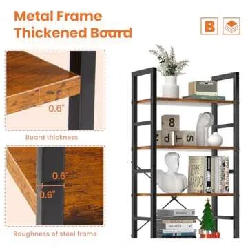 Sweetcrispy Book Shelf, 5 Tier Bookcase, Modern Tall Bookshelf for Garage Kit, CDs, Movies, Industrial Corner Storage Organizer for Bedroom Home Office Kitchen Living Room, Rustic Brown