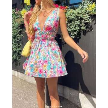 Sexy Deep V Neck Bodycon Mini Dress for Women Y2K Vintage Floral Dress Backless Short Dress E Girl Streetwear