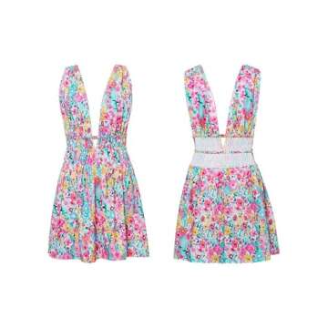 Sexy Deep V Neck Bodycon Mini Dress for Women Y2K Vintage Floral Dress Backless Short Dress E Girl Streetwear