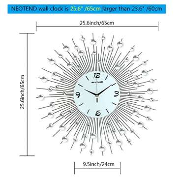 NEOTEND Modern Wall Clock for Living Room Decor Large Bedroom Silent Decorative Wall Watch Metal Quiet Crystal Kitchen Big Office Farmhouse Frameless 25.6 Inch
