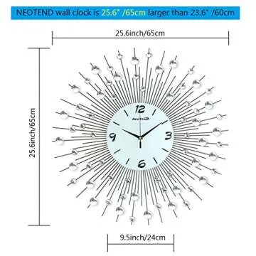 NEOTEND Modern Wall Clock for Living Room Decor Large Bedroom Silent Decorative Wall Watch Metal Quiet Crystal Kitchen Big Office Farmhouse Frameless 25.6 Inch