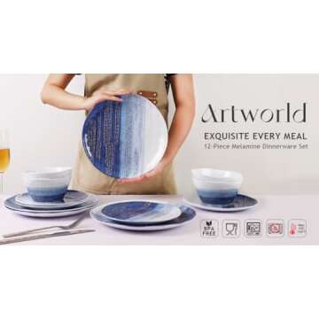 Artworld Blue Stripes Gradient 12PCs Melamine Dinnerware Sets,Outdoor Dinnerware for RV, Camping and...